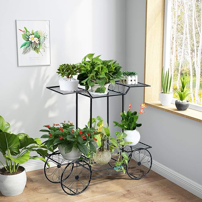 Giantex 6-Tier Plant Stand Flower Pot Holder Metal Flower Display Shelf with 4 Decorative Wheels Multilayer Parisian Style Plant Pot Holder Rack for Indoor, Garden, Patio, 32"L x 10"Wx 30"H, Black
