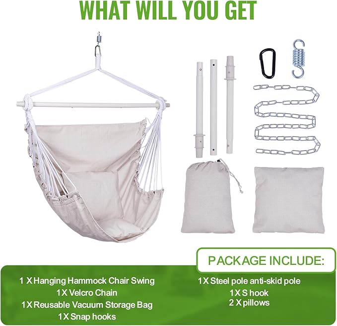 Backyard Expressions Hammock Chair Hanging Rope Swing Chair, 2 Pillows, Anti Slip Steel Spreader Bar