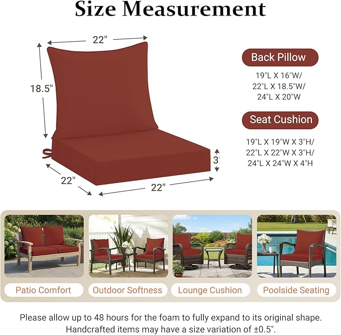 downluxe 22x22 Outdoor Chair Cushions, Waterproof Fade Resistant Patio Furniture Cushions with Handle & Removable Cover, Deep Seat Outdoor Cushions for Sofa, Couch and Patio Chairs, Brick Red