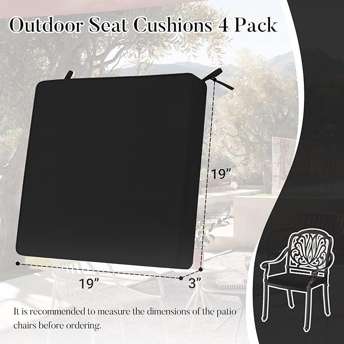 Basic Beyond Outdoor Chair Cushions for Patio Furniture, Waterproof Outdoor Seat Cushions Set of 4 19 x 19, Patio Chair Cushions Set of 4 with Ties and Handle, Black
