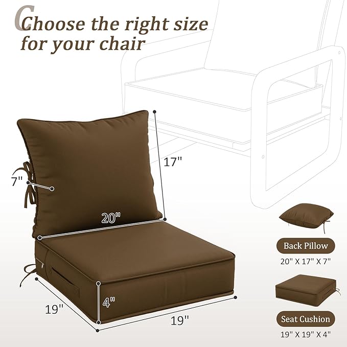 Outdoor Patio Chair Cushions Set 19 L X 19 W X 4 H Inch Waterproof & Fade Resistant Deep Seat and Back Cushions with Removable Covers Outdoor Seat Cushion Set for Chairs and Sofas