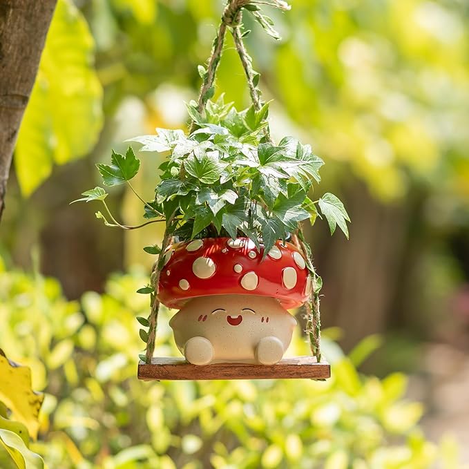 Mushroom Decor for Outdoor Garden: Gardening Plant Gifts for Women Mother Plant Lovers - 3.9inch Opening Cute Smiley Hanging Planter Pot with Drainage