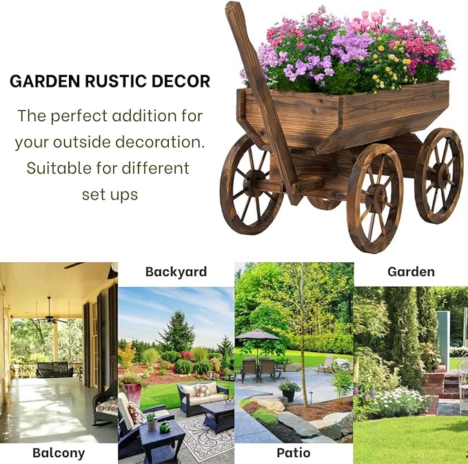 Wood Wagon Planter for Outdoor Balcony Decor - Garden Rustic Wooden Flower Cart with Wheels for Outside - Garden Decor - Amish Decorative Indoor - Wheelbarrow Planter for Patio