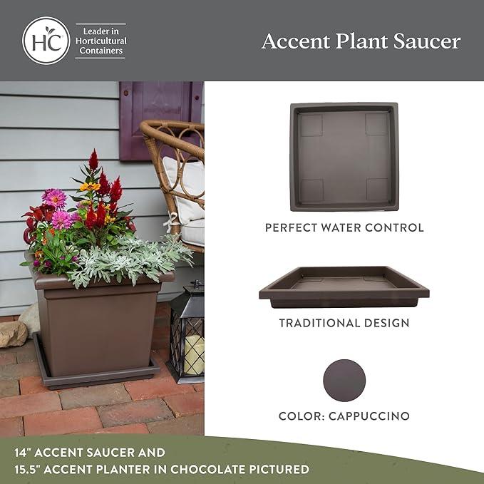 The HC Companies 11 Inch Accent Square Plant Saucer, Lightweight UV-Resistant Plastic Outdoor & Indoor Flower Pot Tray, 2-Pack Plant Pot Trays for Garden & Home Decor, Cappuccino