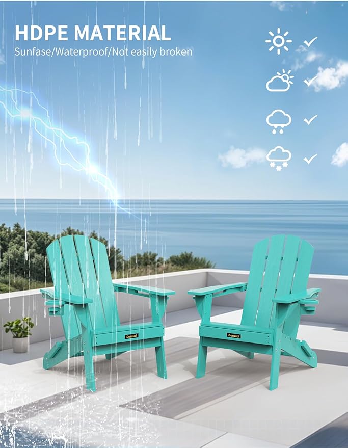 Folding Adirondack Chair, Wooden Textured Plastic Adirondack Chairs with 2 Cup Holder, Weather Resistant HDPE Fire Pit Chair, Outdoor Patio Chairs for Garden, Backyard, Lawn, Deck, 380LBS, Lake Blue
