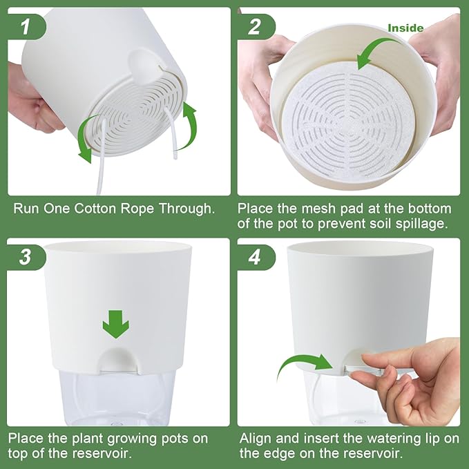 6 Inch Self Watering Planter Pots for Indoor Plants, 3 Packs African Violet Pots with Wick Rope and Visible Reservoir Self Watering Planter for Herb, Houseplants