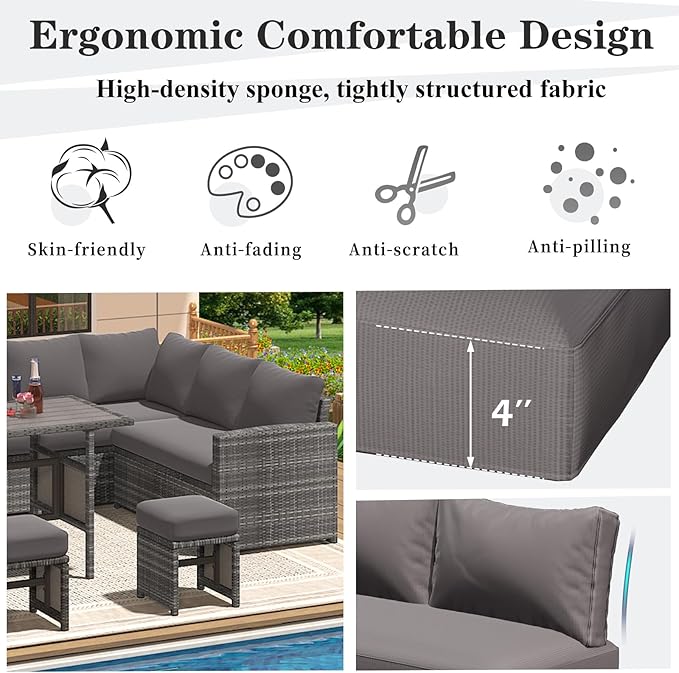 U-MAX Outdoor Cushions, Patio Replacement Cushions for Outdoor Furniture, Fits for 7-Seats Wicker Rattan Conversation Set, 13-Piece Cushions Set for Outdoor Sectional, Dark Grey
