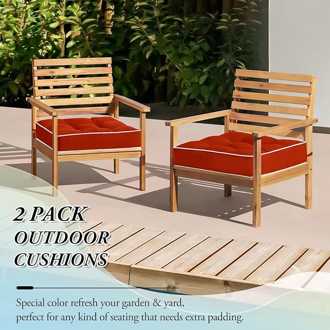 Wellsin Outdoor Chair Cushions Set of 2, Patio Cushions for Outdoor Furniture, Tufted Waterproof Outdoor Chair Pads, 19 x 19 Inch, Brick Red