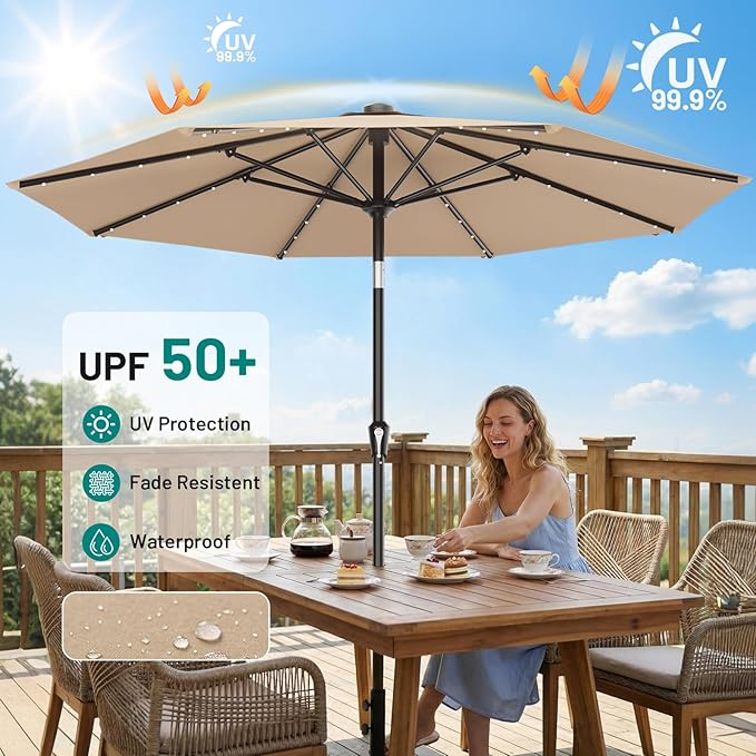 AreShark 9FT Patio Umbrella with Solar Lights, 32 LED Lighted Pool Umbrella w/Tilt and Crank, Outdoor Market Solar Umbrellas for Garden, Deck, Backyard, Pool and Beach, Beige