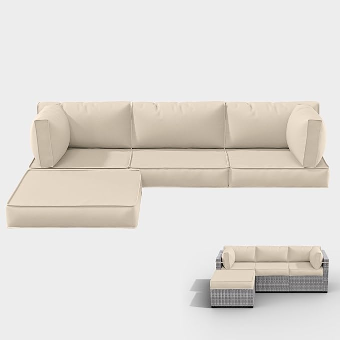 Outdoor Cushions - Patio Furniture Replacement, 4" Deep Seat Sectional Cushions for 4-seat Sofa, Cream