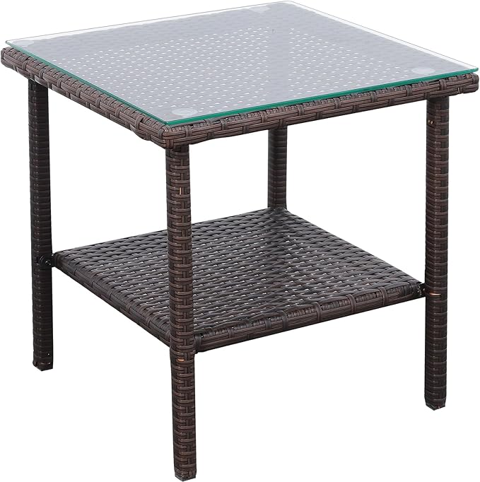 Valita Outdoor Wicker Glass Top Side Table - Garden Metal Square Tea Table with Storage, Brown