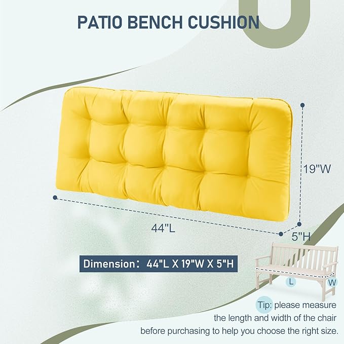 downluxe Outdoor Bench Cushion for Patio Furniture, Waterproof Tufted Overstuffed Porch Swing Cushions, Thick Outdoor Loveseat Cushions, 44" X 19" X 5", Yellow, Set of 1