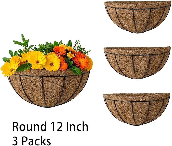 LX7 3-Pack Hanging & Wall-Mounted Plant Baskets with Natural Coconut Fiber Liner, Decorative Planters for Home Garden Patio Yard (3Pack HalfWall, 12Inch)