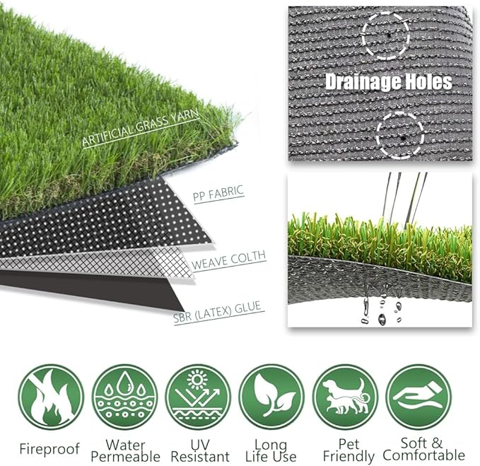 Petgrow Luxurious Artificial Grass Realistic Turf 6 X 61 Feet,1.57 Inch Pile Height Ultrathick Indoor/Outdoor Dog Fake Faux Grass,Synthetic Grass Rug Garden Landscape Patio,Drainage Holes