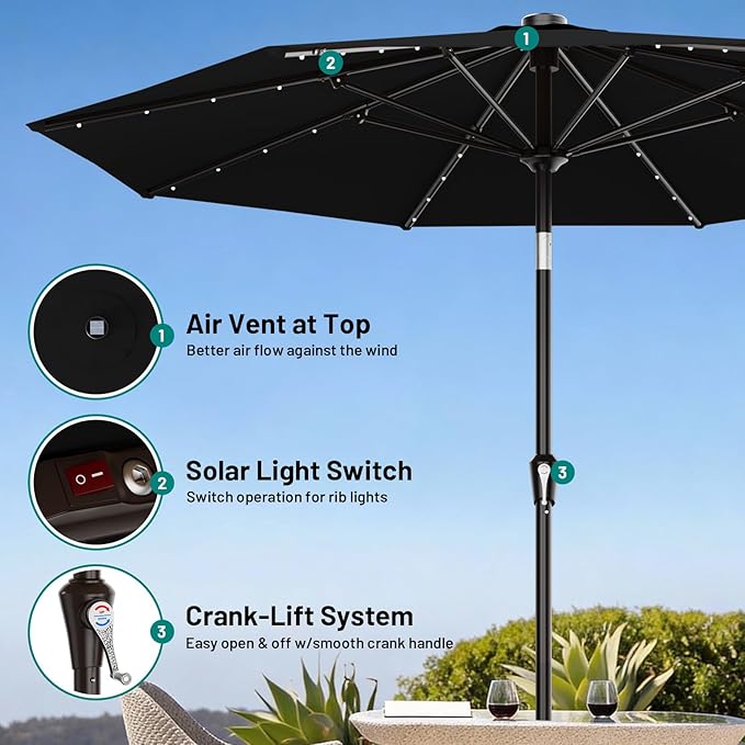 AreShark 9FT Patio Umbrella with Solar Lights, 32 LED Lighted Pool Umbrella w/Tilt and Crank, Outdoor Market Solar Umbrellas for Garden, Deck, Backyard, Pool and Beach, Black