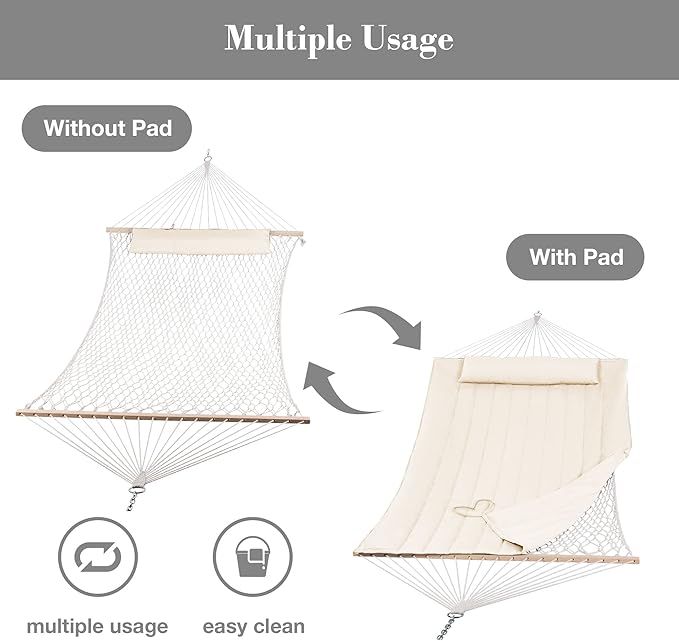 SUNCREAT 2 Person Hammock with Hardwood Spreader Bar, Outdoor Rope Hammock with Polyester Pad, 475 lbs Capacity, Beige