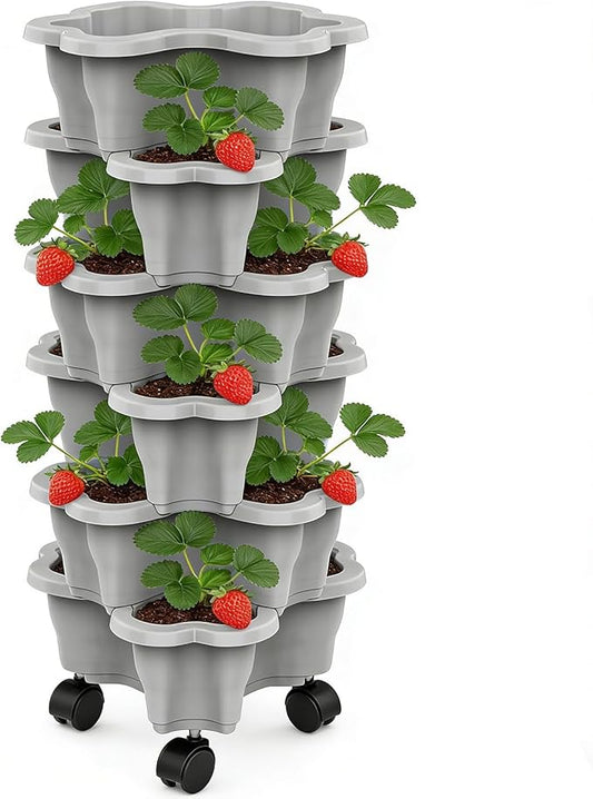 Vertical Planter 6 Tier Stackable Planter Garden Pots, Strawberry Vertical Pots, Stacking Tower Garden, Stackable Herb Flower Vegetable FlowerPots Indoor Outdoor with Removable Wheels
