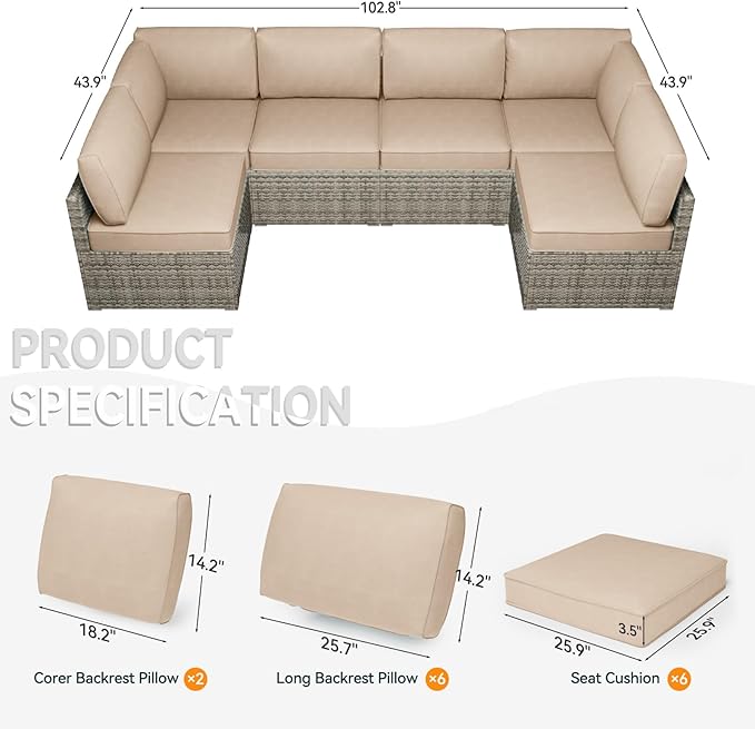Patio Cushions for Outdoor Furniture,Water-Resistant Outdoor Cushions for 6 Seat Outdoor Sectinal,25.3"×25.3" Deep Seat Sofa Cushions, 14-Piece Outdoor Couch Cushions,Khaki