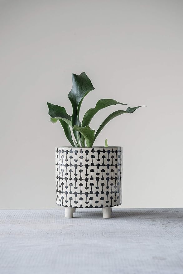 Creative Co-Op Round Stoneware Planters with Geometric Prints, Black and White