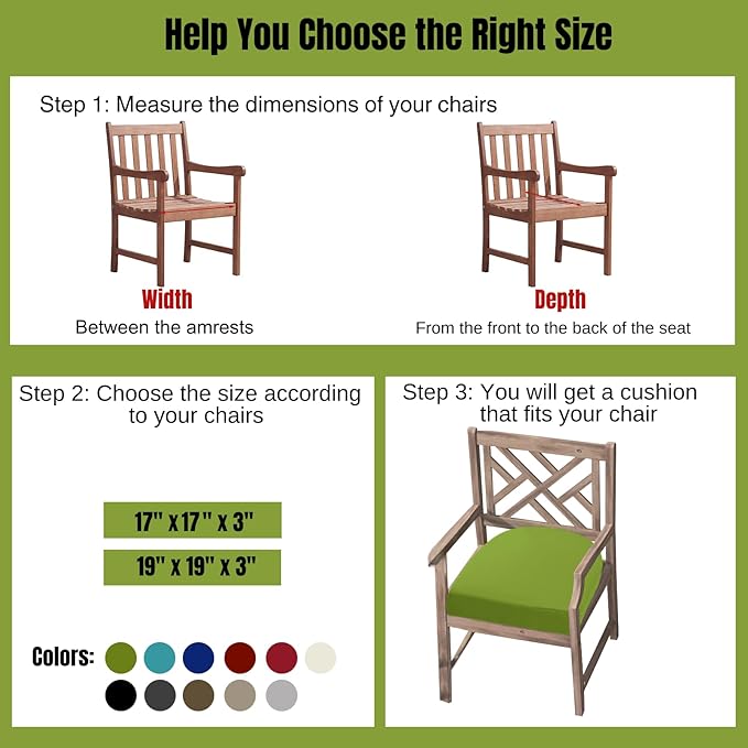 idee-home Outdoor Chair Cushions Set of 4, Thick 17" x 17" x 3" Patio Chair Cushions for Outdoor Furniture Waterproof with Ties, Seat Cushion, Patio Chair Pads Dining Chair Green