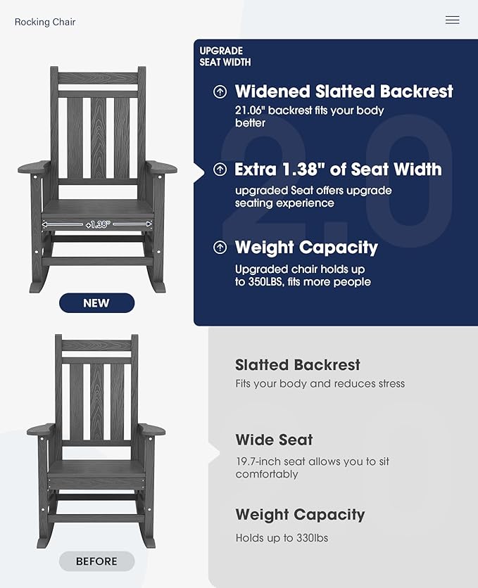 KINGYES Oversized Outdoor Rocking Chair Set of 6, All-Weather Patio Rocking Chairs for Porch, HDPE Outdoor Patio Rockers with High Back & Wide Seat for Garden, Lawn, Gray