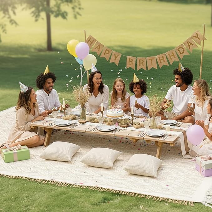 Extra Large Outdoor Boho Picnic Blanket 91'' x 71'' Beige White Table Runner 6 Throw Pillow Cover Woven Cotton Yarn Oversize Beach Blanket Washable for Picnic Camp Wedding