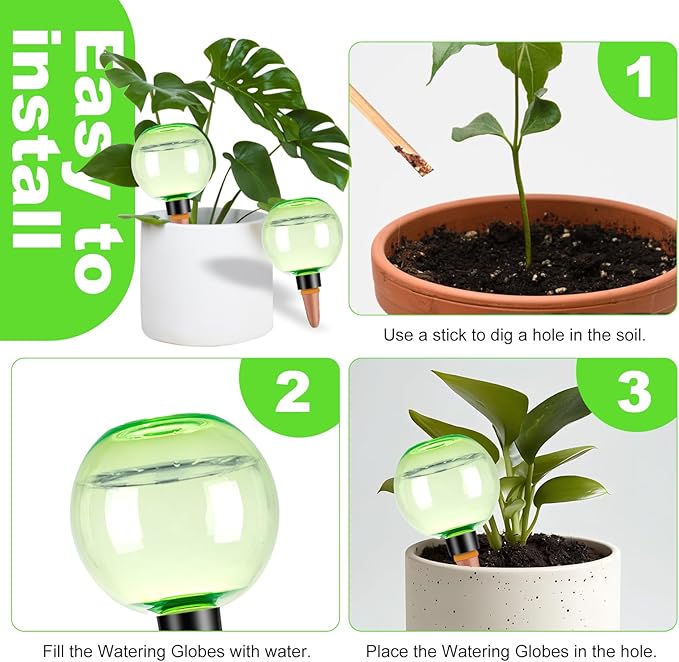 6 Pack Self Watering Globes 17oz Large Plant Watering Globes Top Fill, Self Water Planter Insert Indoor/Outdoor Plastic Water Bulbs Slow Release Terracotta for Plants, Green