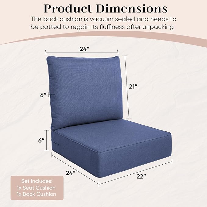 Luxury Outdoor Seat Cushion Set-22 x 24 x 6 Inch Outdoor Chair Cushions with Water Resistant & Removable Cover Outdoor Cushions for Patio Furniture Chair Sofa Couch