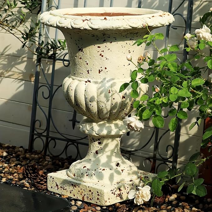 VISIBLE Vintage European Giant Garden Urn Planter, Decorative Cement and Fiber Flower Pot, Make Rust Finished, Wrap Foam Safely Delivered from Local Warehouse (Award Cup, Large)