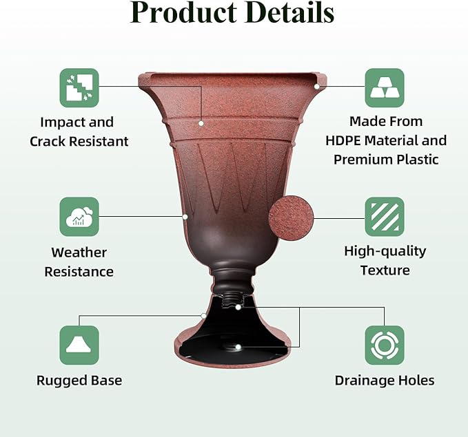 23.6" Tall Plastic Urn Planters for Outdoor Plants with Drainage Holes & Trophy Design, Set of 2 Sturdy Base Classic Indoor Large Flower Pots, Outdoor Planters for Porch/Home, Brick Red/Brown