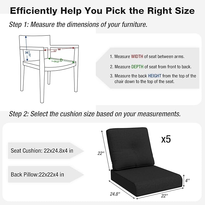 Joyside Outdoor Chair Cushions Set, 22x25/22x24 Inch Patio Furniture Deep Seat Cushions, Water Resistant & Thick Cushion, Outdoor Replacement Cushions for Seat and Sofa