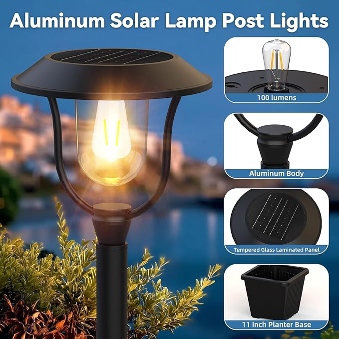 75" Solar Outdoor Light Waterproof, Aluminum 100 Lumens Solar Lamp Post Light with Planter, Auto On/Off Long-Lasting Warm White Outdoor Post Lamp for Garden, Backyard, Patio, Driveway Decor