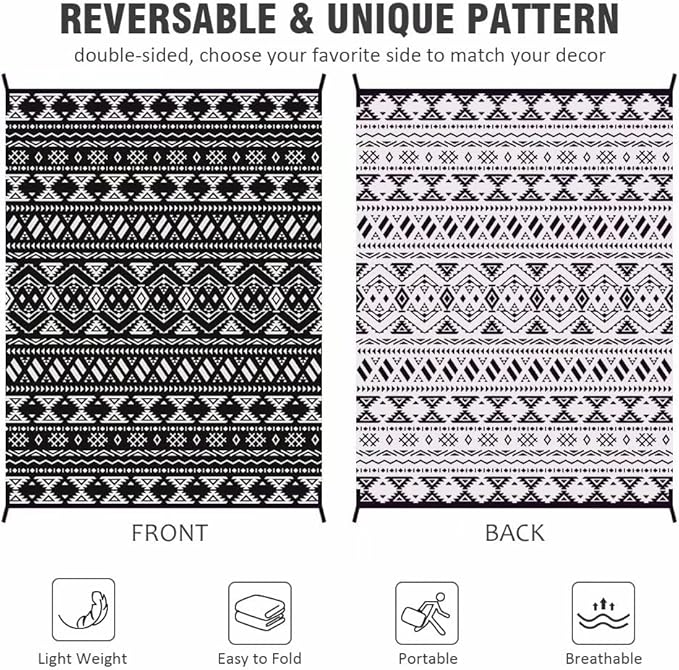 Pendolr Outdoor Rug 9’x12' for Patios Clearance Waterproof Carpet Large RV Mat Outdoor Plastic Straw Rug for Camping Reversible Outside Rug for Patio Balcony Deck Backyard Picnic Beach Black&White 02#