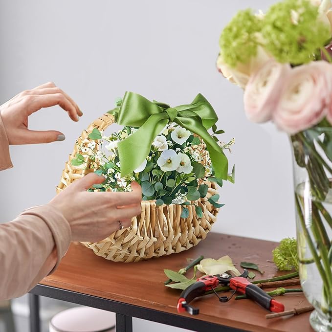 Taiyin Rattan Flower Girl Basket Small Half Moon Straw Wicker Basket with Handle Ideal for Wedding Flower Girl,Picnic,Garden Storage and Home Decor (Green Ribbon)