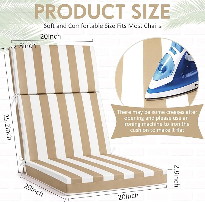 4 Pack Outdoor High Back Chair Cushion, 44 x 20 inches Patio Chair Cushions Waterproof Rocking Cushions Indoor Furniture Seat Pad, Weather Resistant (Stripe,Khaki White)
