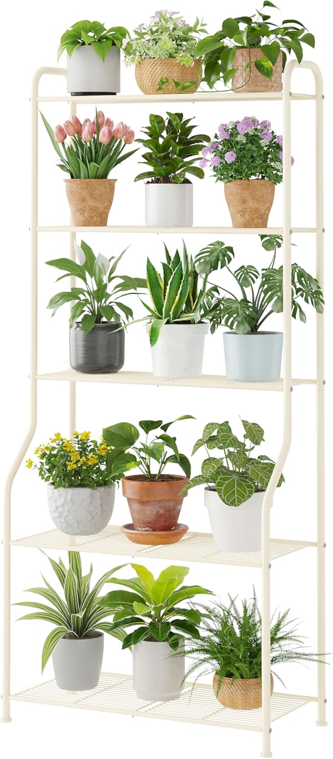 Plant Stand Indoor Outdoor for Multiple Plants, 5 Tier Tall Heavy Duty Metal Shelf, Large Flower Pot Holder Ladder for Garden, Patio, Living Room, Balcony, White
