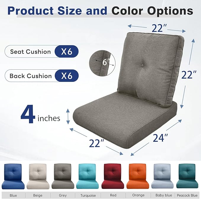Belord Luxury 4" Thick Outdoor Cushion 6 Set - 22 x24 Inch 28D Sponge Filling Fade-Resistant Chair Cushion, Spill Proof Removable Patio Furniture Replacement Cushions for Sofa Bench Swing - Grey