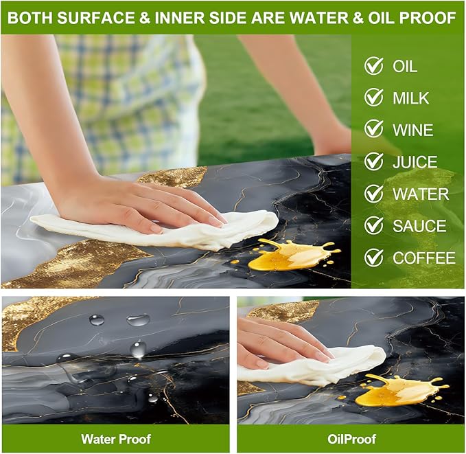 Picnic Table Cover with Bench Covers Set of 3 - Luxurious Black Gold Marble Glam Tablecloth, Elastic Fitted for 6 Ft Tables, Washable Polyester Cover for Patio, Indoor & Outdoor
