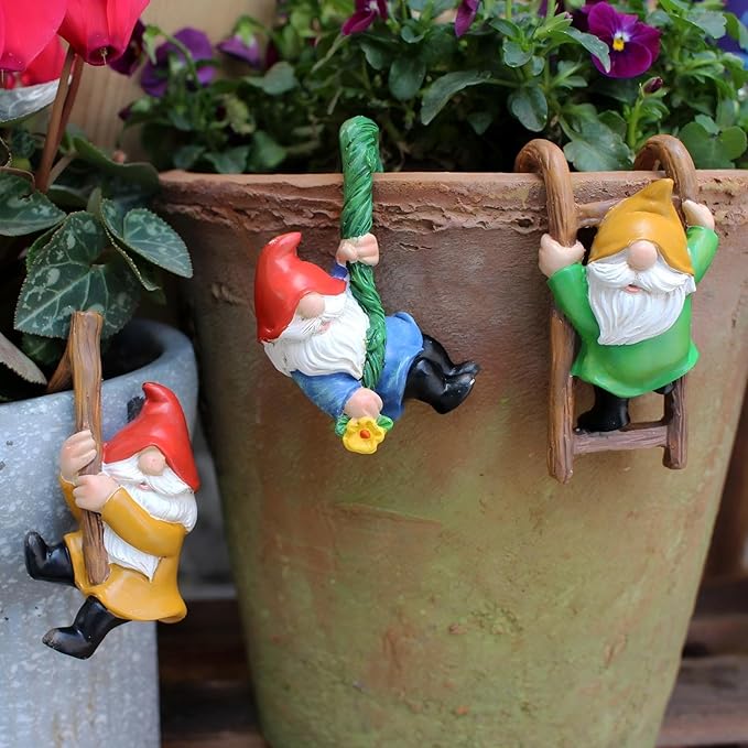Garden Gnome Pot Climbers Decoration Set, 3 Piece Resin Hanging Figurines, Colorful Climbing Gnomes Statue, Outdoor Decor for Plant Pots, 2.9 Inch Small Garden Gifts