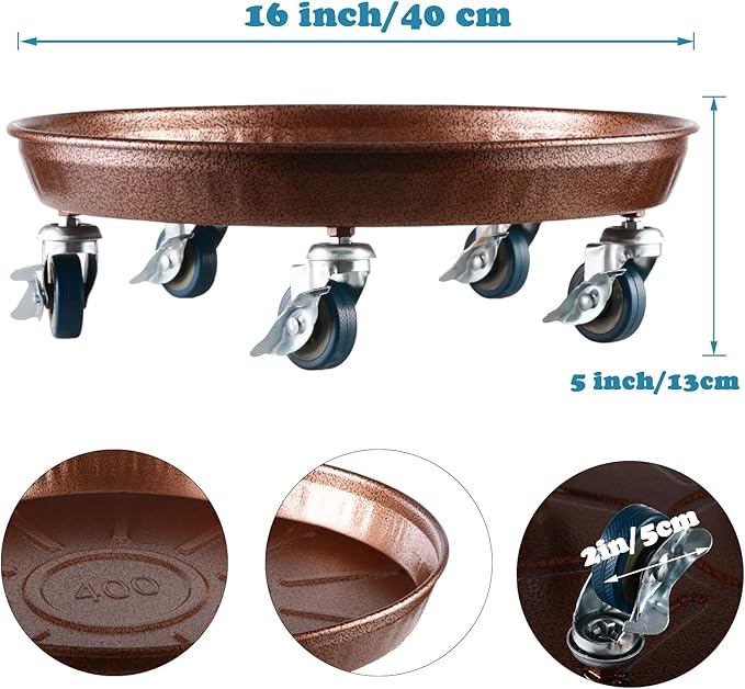 Planterhoma 3 Packs 16" Metal Plant Caddy with Wheels Extra-Large Rolling Plant Stand Heavy-Duty Plant Dolly with Casters Indoor Outdoor Wheeled Flower Pot Mover Rollers Garden Cart Trolley, Copper