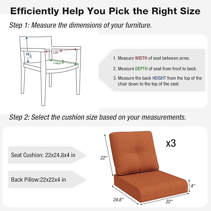 Joyside Outdoor Chair Cushions Set, 22x25/22x24 Inch Patio Furniture Deep Seat Cushions, Water Resistant & Thick Cushion, Outdoor Replacement Cushions for Seat and Sofa