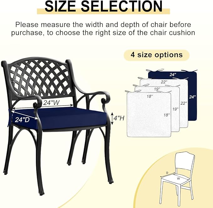 downluxe Waterproof Outdoor Chair Cushions for Patio Furniture, 24" x 24" x 4" Patio Chair Cushion with Adjustable Ties & Portable Handle, Square Outdoor Cushion with Removable Cover, Navy, 2 Pack