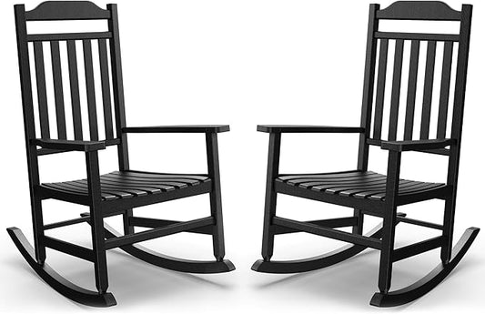 Patio Rocking Chair Outdoor Set of 2,Weather Resistant Poly Resin Oversized Porch Rocker,High Back Smooth Design,350lb Weight Capacity,Indoor Outdoor Use(2, Black)