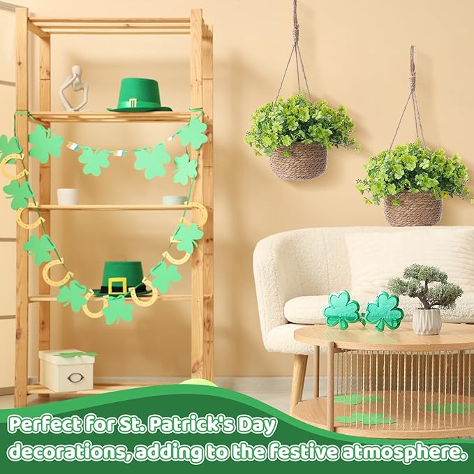 2 Set St. Patrick's Day Artificial Clover Plants with Woven Basket, Faux Shamrock Hanging Plants for Irish Theme Home Decor, St. Patrick's Displays