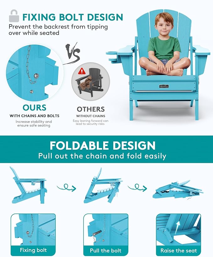 SERWALL Folding Adirondack Chair with Cup Holder Weather Resistant Patio Chair Outdoor Chairs Painted Adirondack Chairs Set of 2 - Aruba Blue