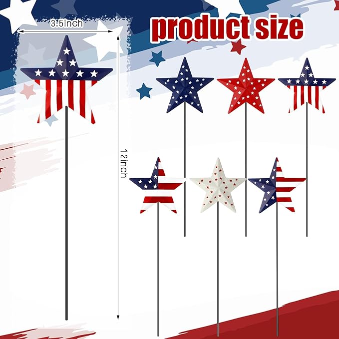 Pickmesh 6 Pcs 12" H Patriotic Metal Yard Sign Star Patriotic Garden Stake USA Flag American Yard Sign for Memorial Day Outdoor Decor 4th of July Independence Day Decoration