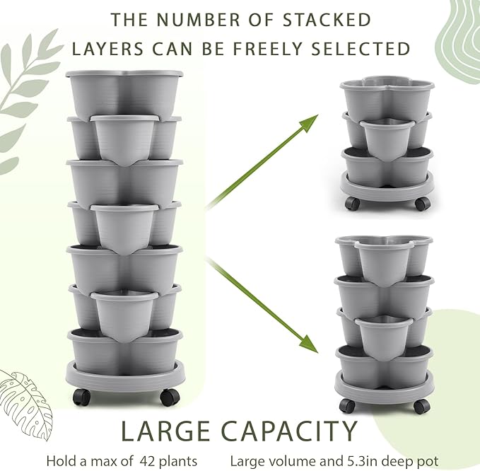 Umigy 2 Set of 7 Tier Stackable Vertical Planters with Removable Wheels and Tools Tower Planters Strawberry Herb Flower Vegetable Pots Indoor Outdoor Gardening Pots(Light Gray)