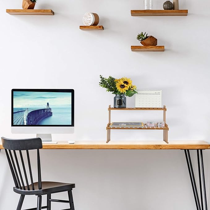 14.6"/18.5" 2 Tiers Bamboo Plant Stand Shelf,Desk Flower Pot Holder,Adjustable Desktop Shelf Display Organizer Ladder Rack for Office Decorate Storage Rack,Kitchen Rack (18.5" Length)