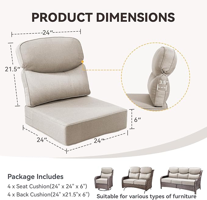 Outdoor Cushion Set for Patio Furniture, UV Resistant, Water Resistant - 6 Inch Thick Dual Layer Back Support Cushions– 24x24 Inch Patio Seat Covers for Chair/Sofa/Couch | Beige | 4-Pack |