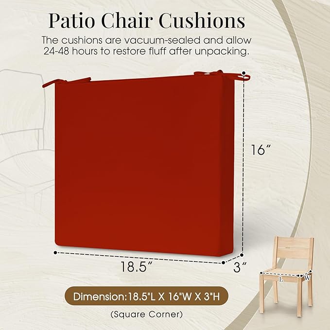 downluxe Outdoor Chair Cushions Set of 4 for Patio Furniture, Water-Resistant Square Corner Patio Chair Cushions with Ties, High Density Foam Outdoor Seat Cushion, 18.5" X 16" X 3", Brick Red